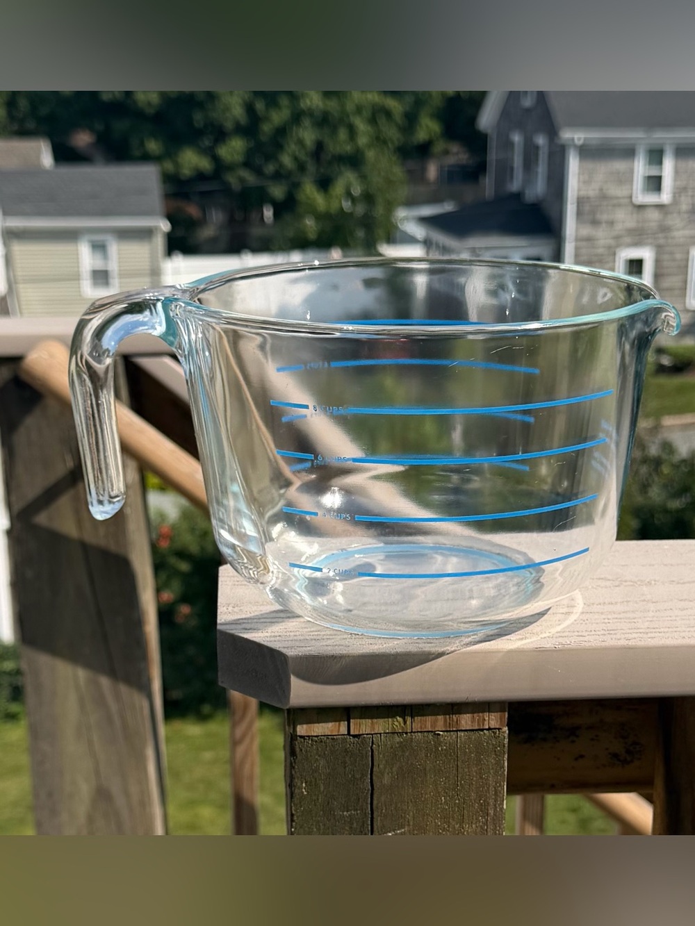 PYREX 8-Cup Glass Measuring Bowl Blue Lettering M-640, Made in USA, Vintage